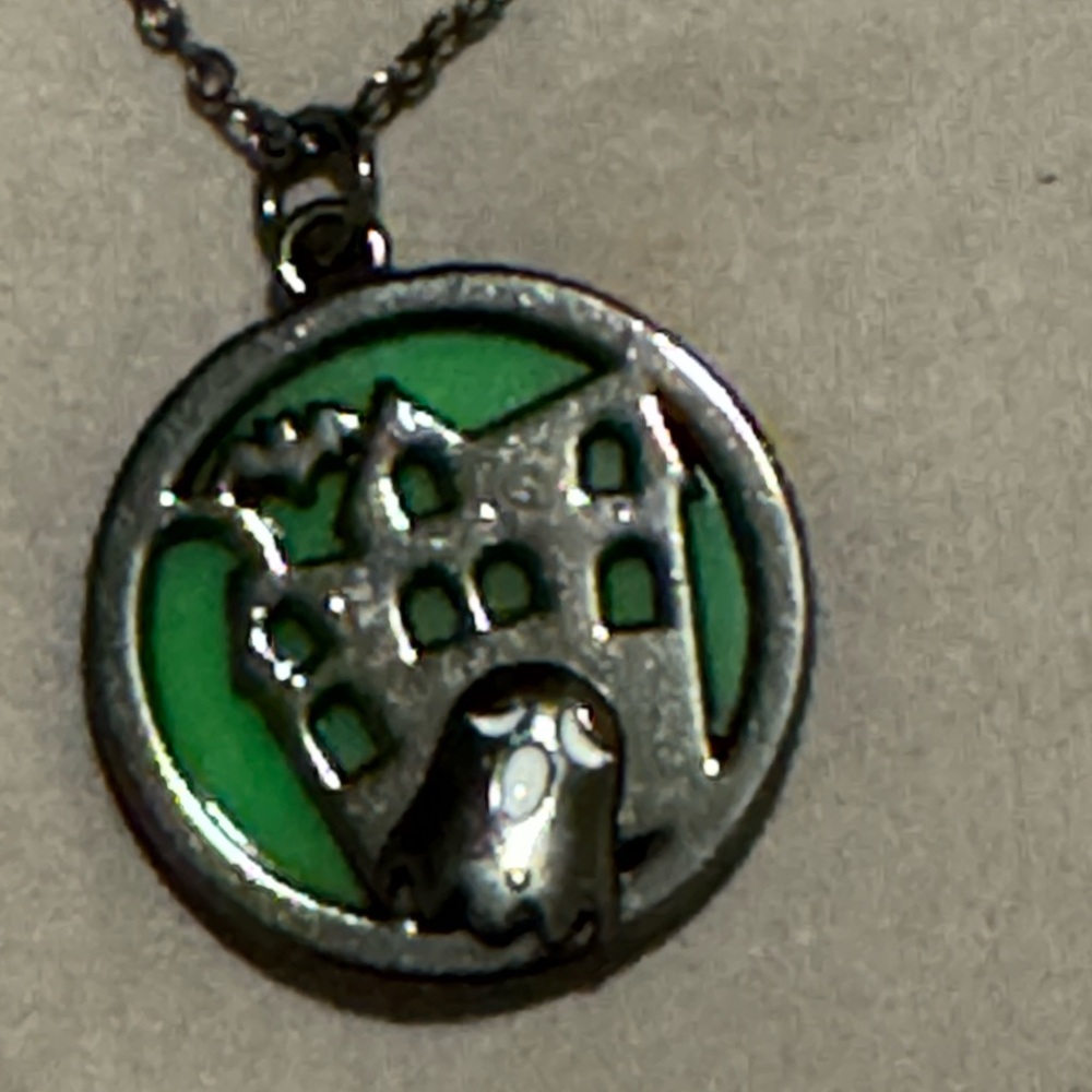 Halloween Necklace 18” chain Haunted House Ghost Antique Bronze Color and Green